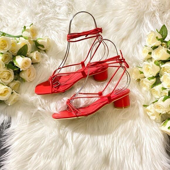 ZARA RED LOW HEEL STRAPS SANDALS - Picture 3 of 9
